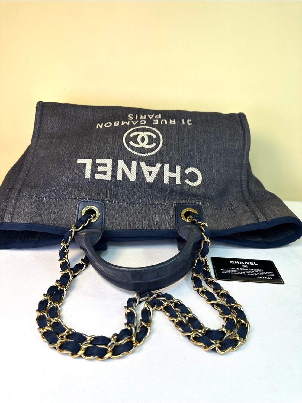 CHANEL Deauville Dark Denim & Navy Leather MM Tote Sticker #17 2012-13 GHW COA - Picture 13 of 17